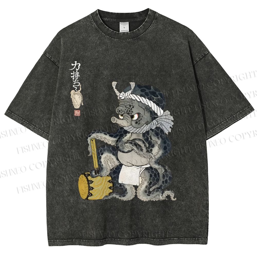Unisex Muscular Octopus Printed Washed Tee