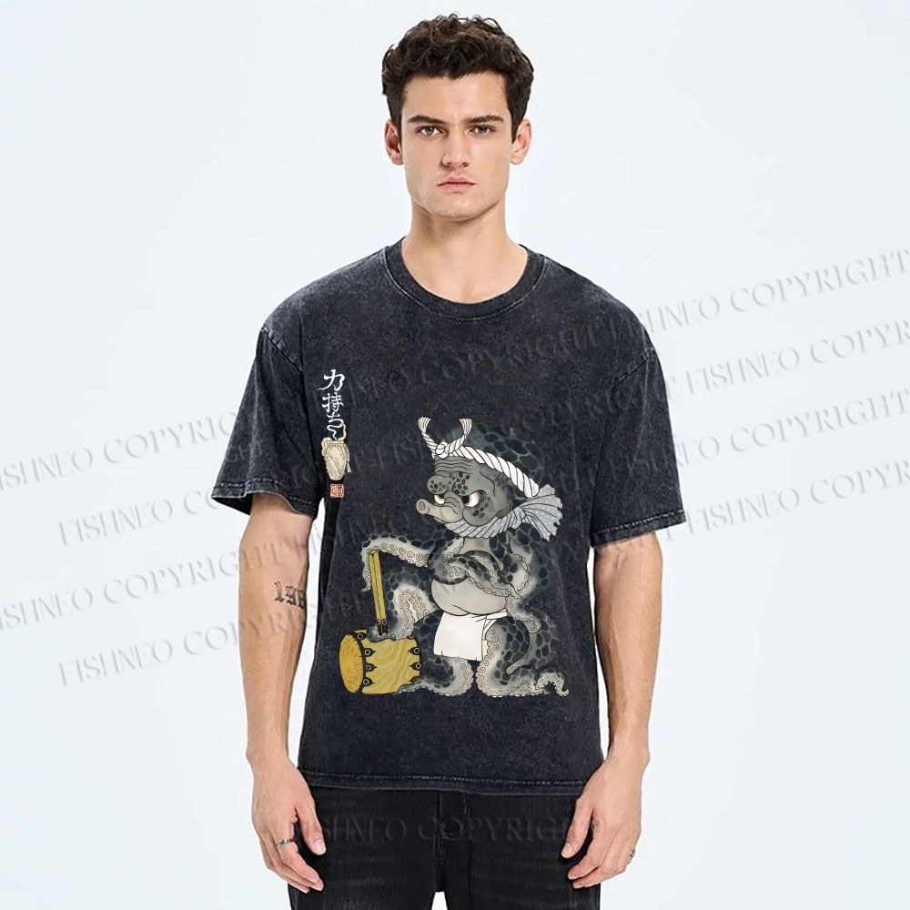 Unisex Muscular Octopus Printed Washed Tee