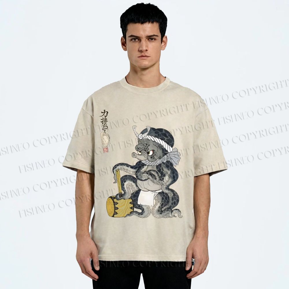 Unisex Muscular Octopus Printed Washed Tee