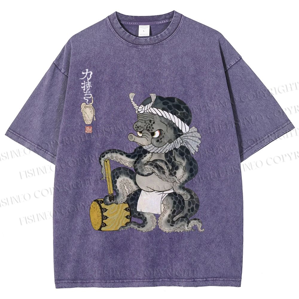 Unisex Muscular Octopus Printed Washed Tee