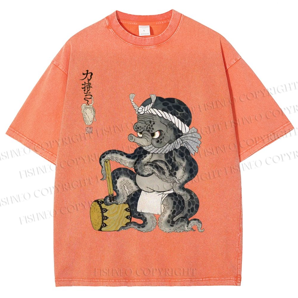 Unisex Muscular Octopus Printed Washed Tee
