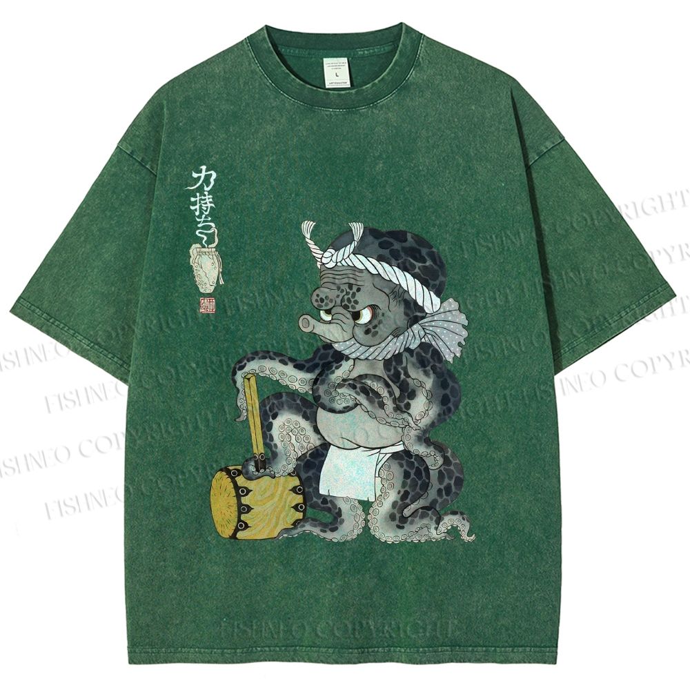 Unisex Muscular Octopus Printed Washed Tee