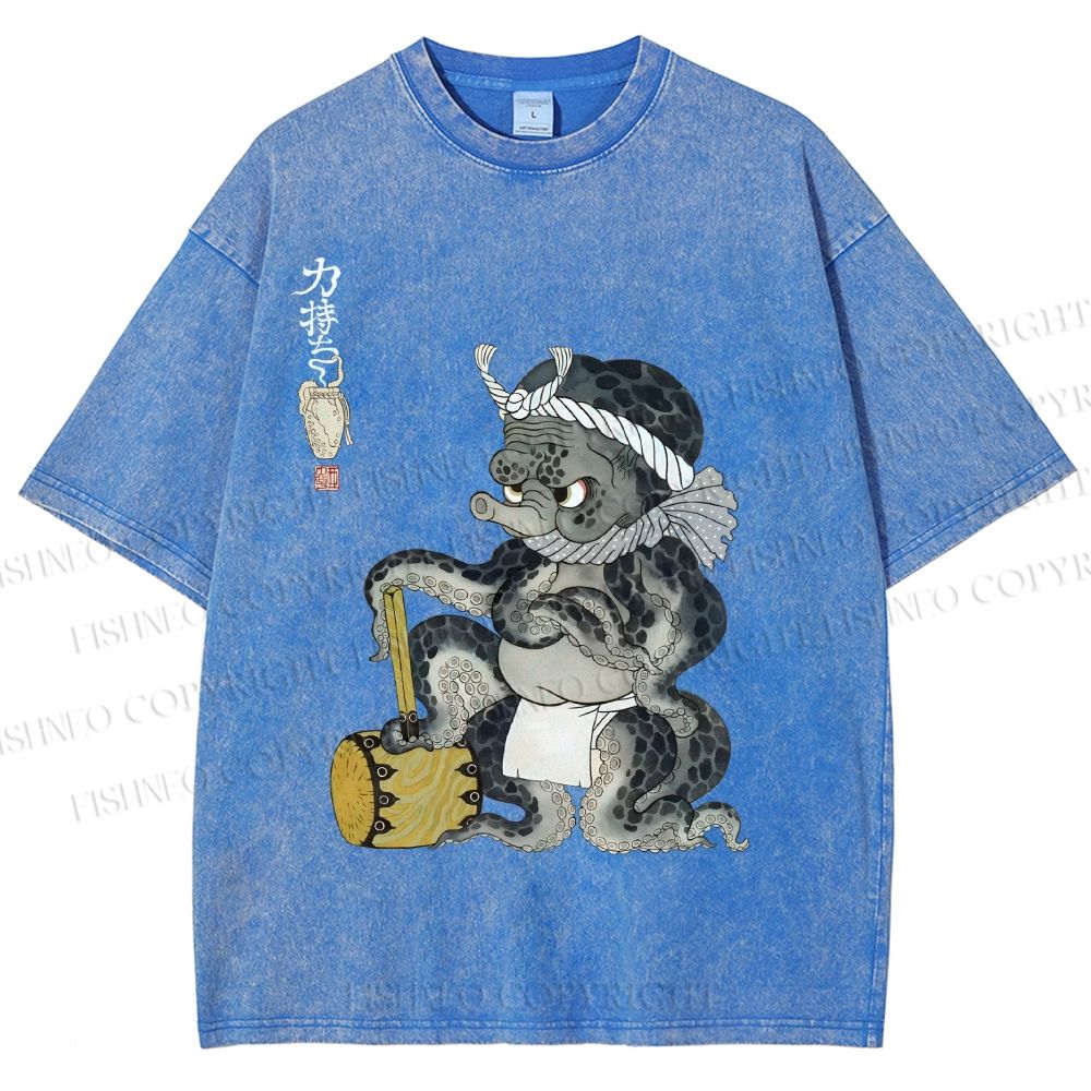 Unisex Muscular Octopus Printed Washed Tee
