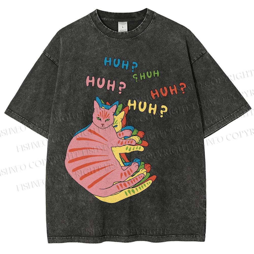 Unisex  HUH? Cat Printed Washed Tee