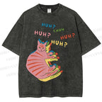 Unisex  HUH? Cat Printed Washed Tee