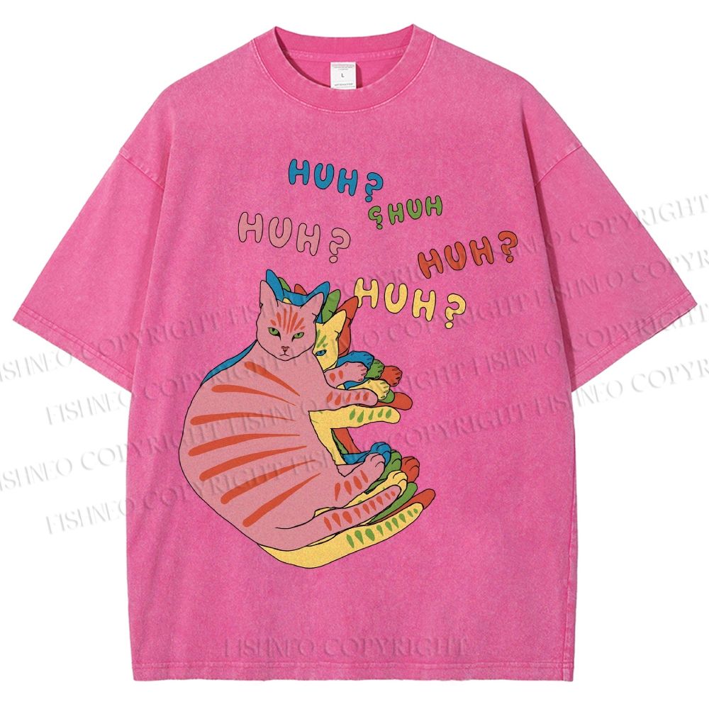 Unisex  HUH? Cat Printed Washed Tee
