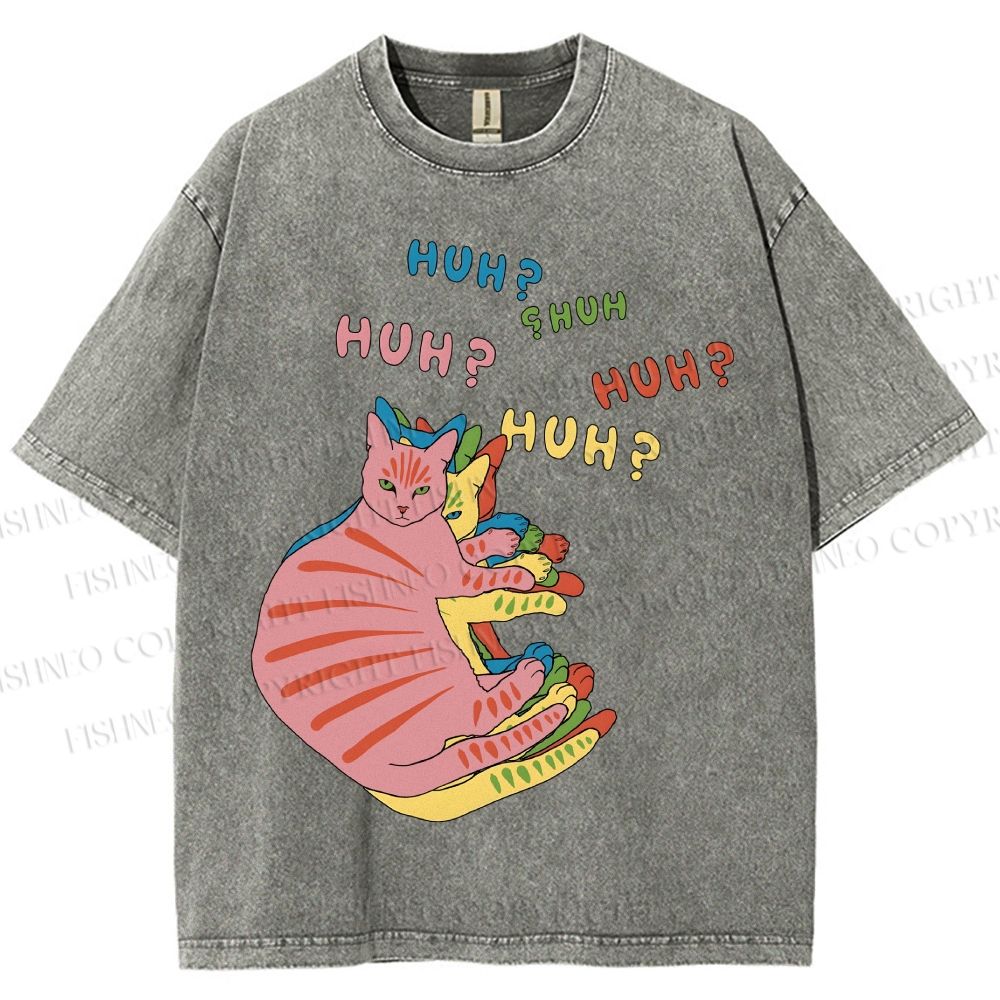Unisex  HUH? Cat Printed Washed Tee