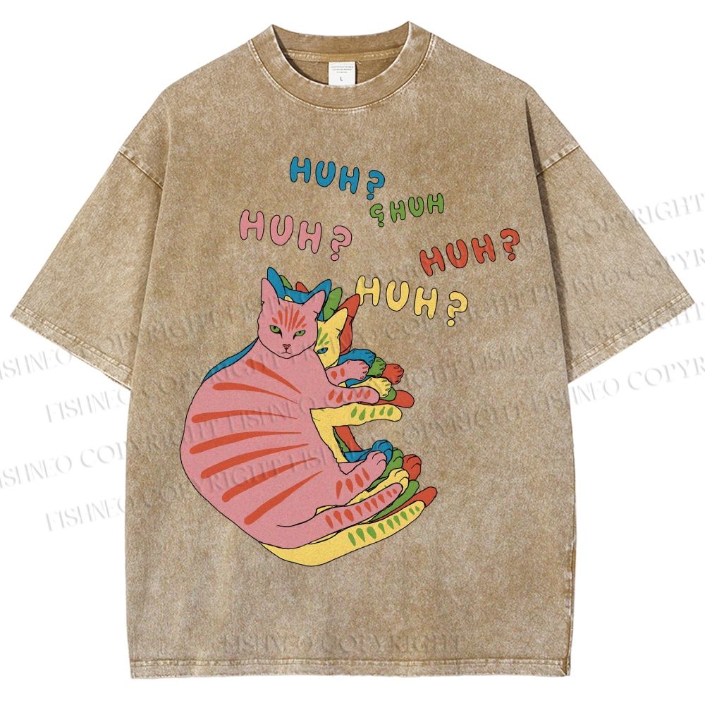 Unisex  HUH? Cat Printed Washed Tee
