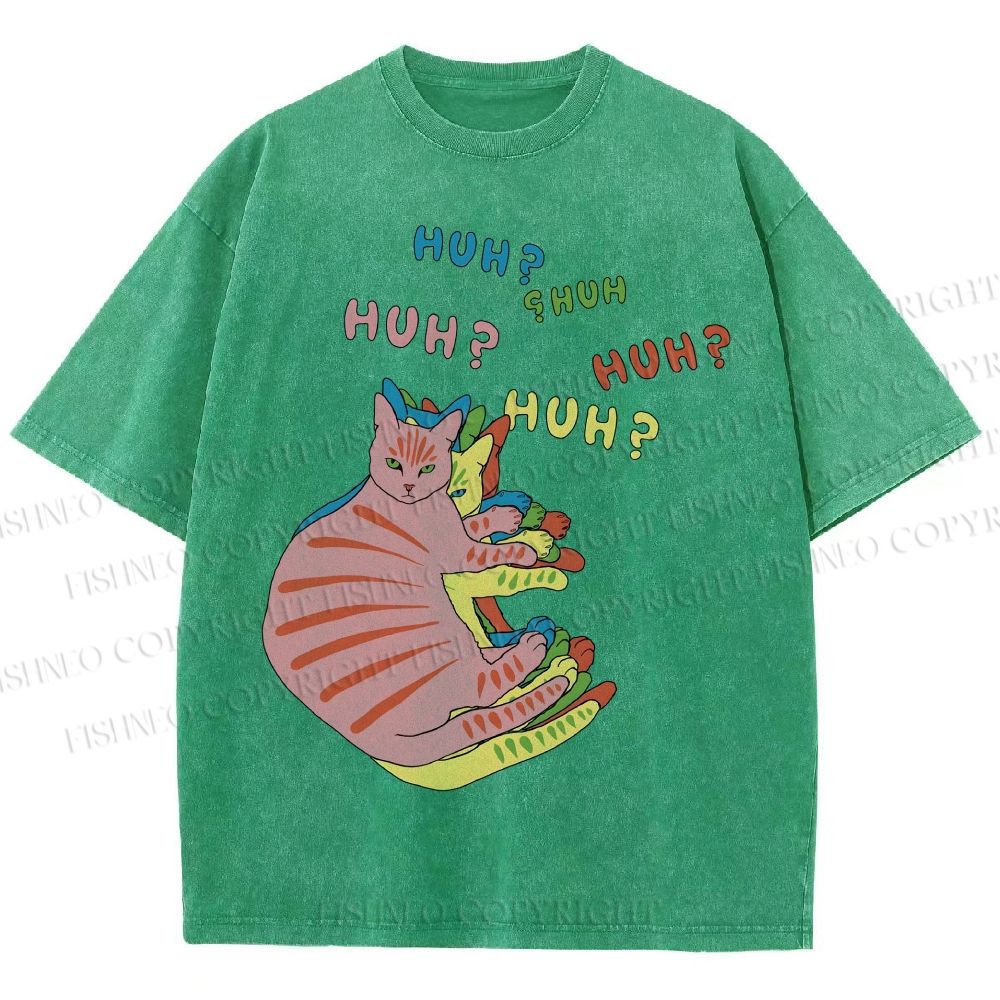Unisex  HUH? Cat Printed Washed Tee