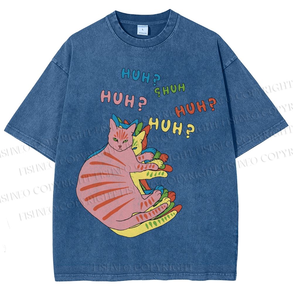 Unisex  HUH? Cat Printed Washed Tee