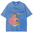 Unisex  HUH? Cat Printed Washed Tee