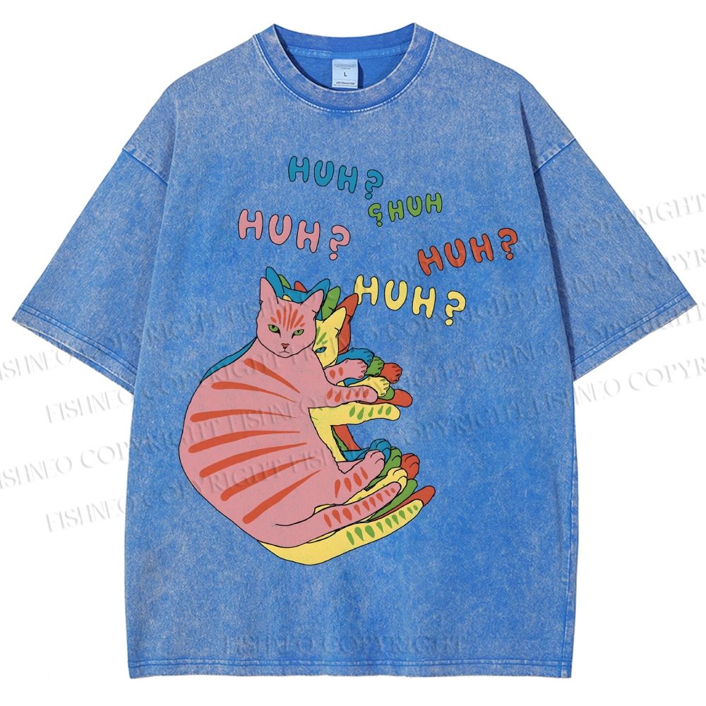 Unisex  HUH? Cat Printed Washed Tee