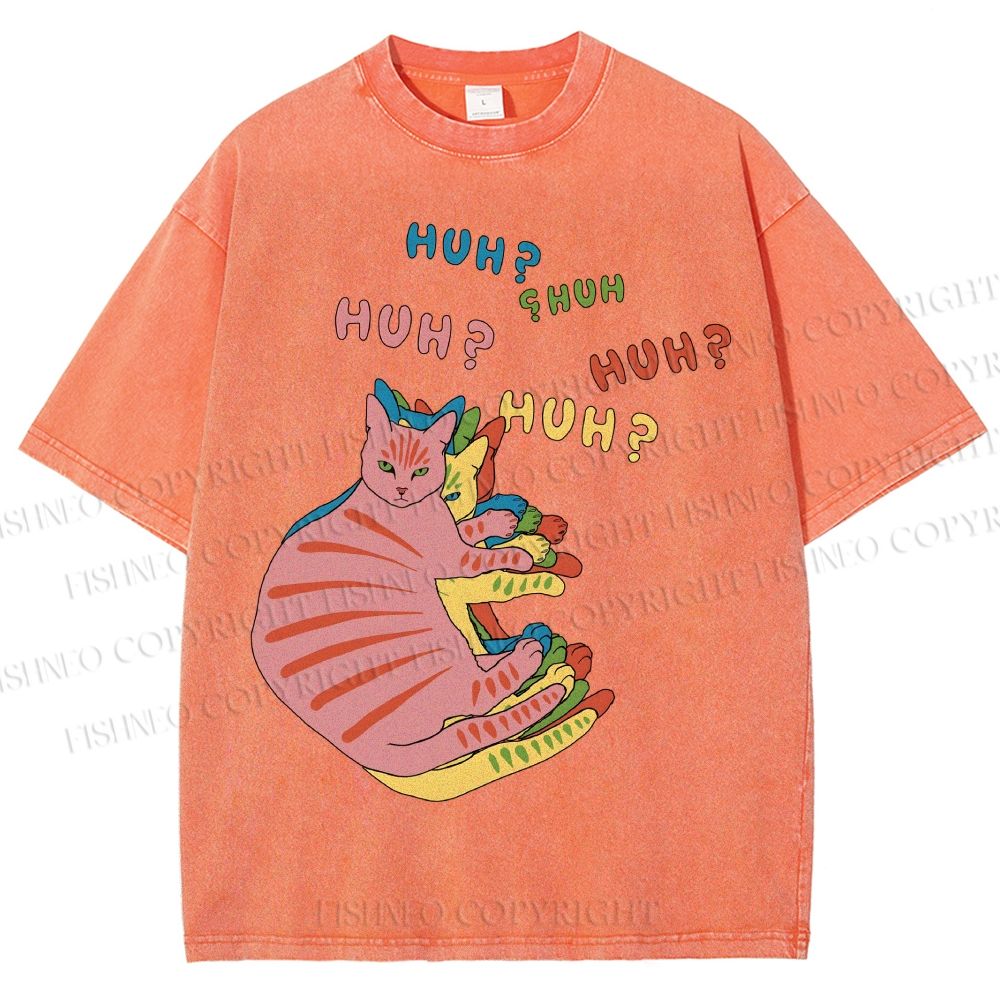 Unisex  HUH? Cat Printed Washed Tee