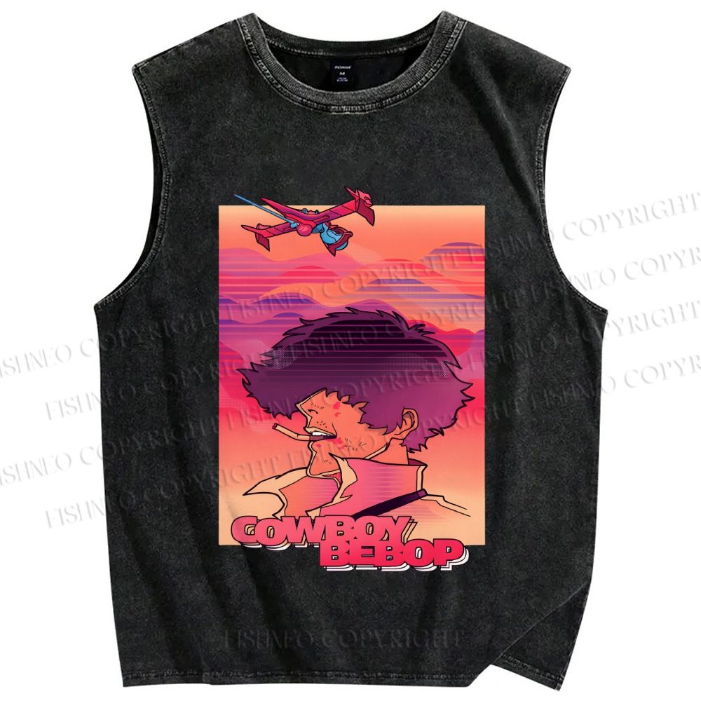 Unisex Cowboy Bebop Pink Sunset Printed Washed Tank Top