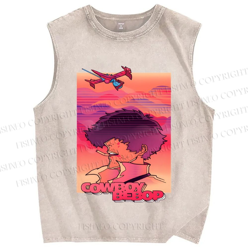 Unisex Cowboy Bebop Pink Sunset Printed Washed Tank Top