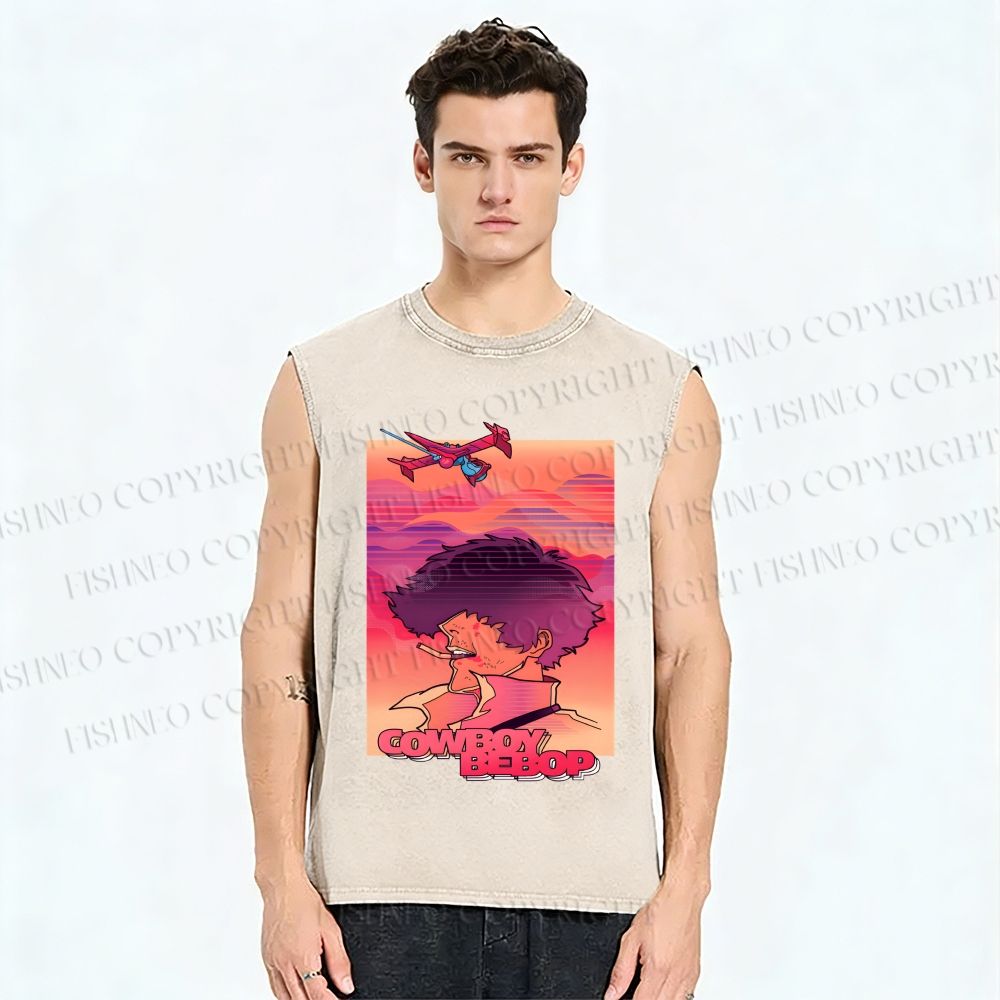 Unisex Cowboy Bebop Pink Sunset Printed Washed Tank Top