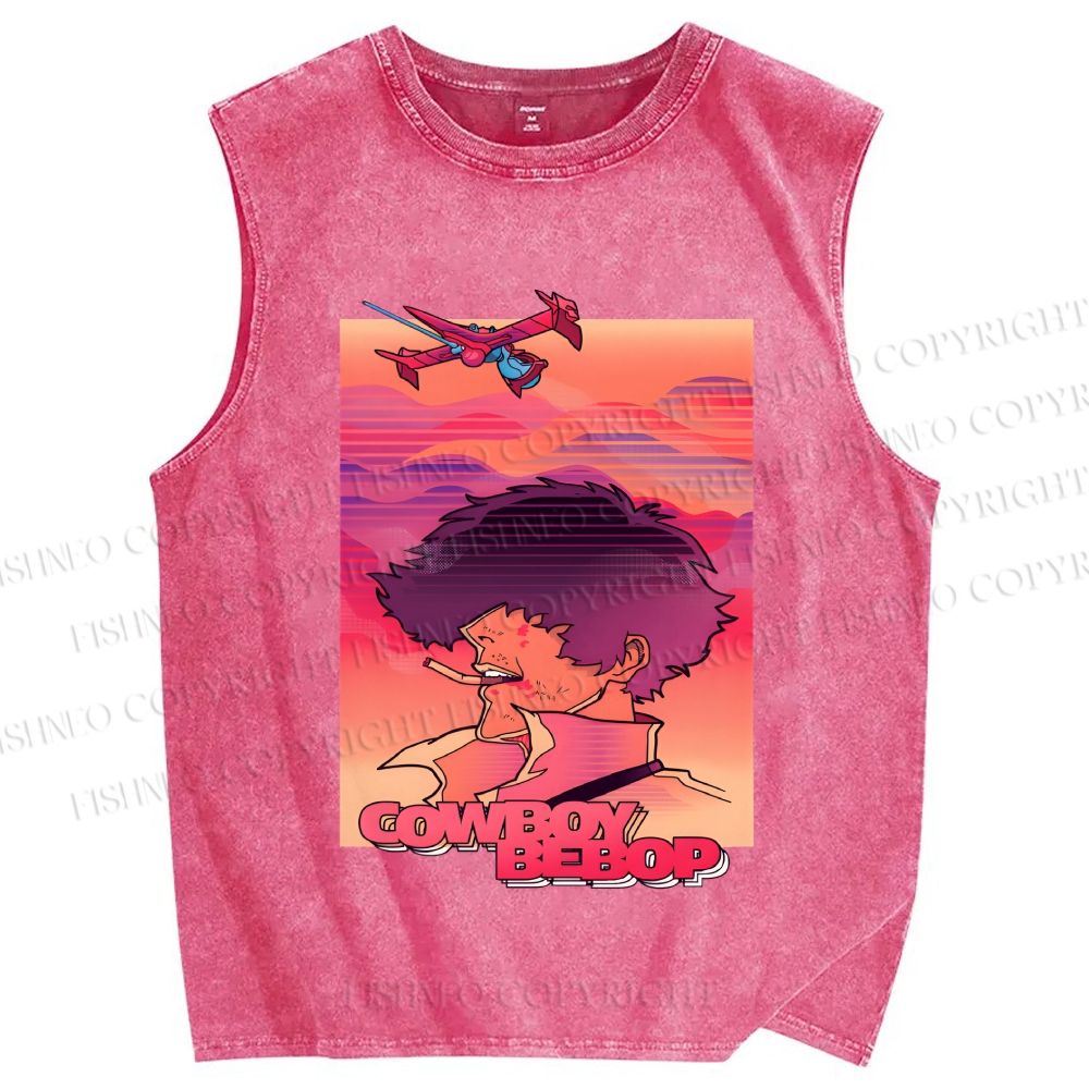 Unisex Cowboy Bebop Pink Sunset Printed Washed Tank Top