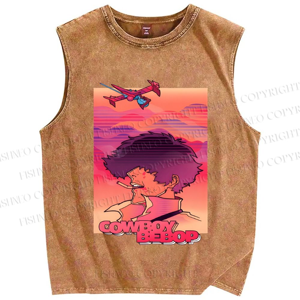 Unisex Cowboy Bebop Pink Sunset Printed Washed Tank Top