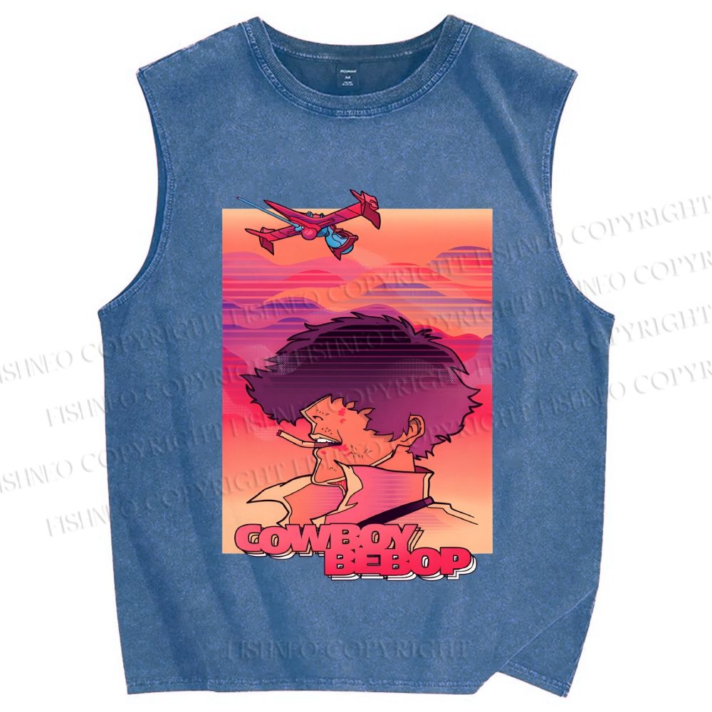 Unisex Cowboy Bebop Pink Sunset Printed Washed Tank Top