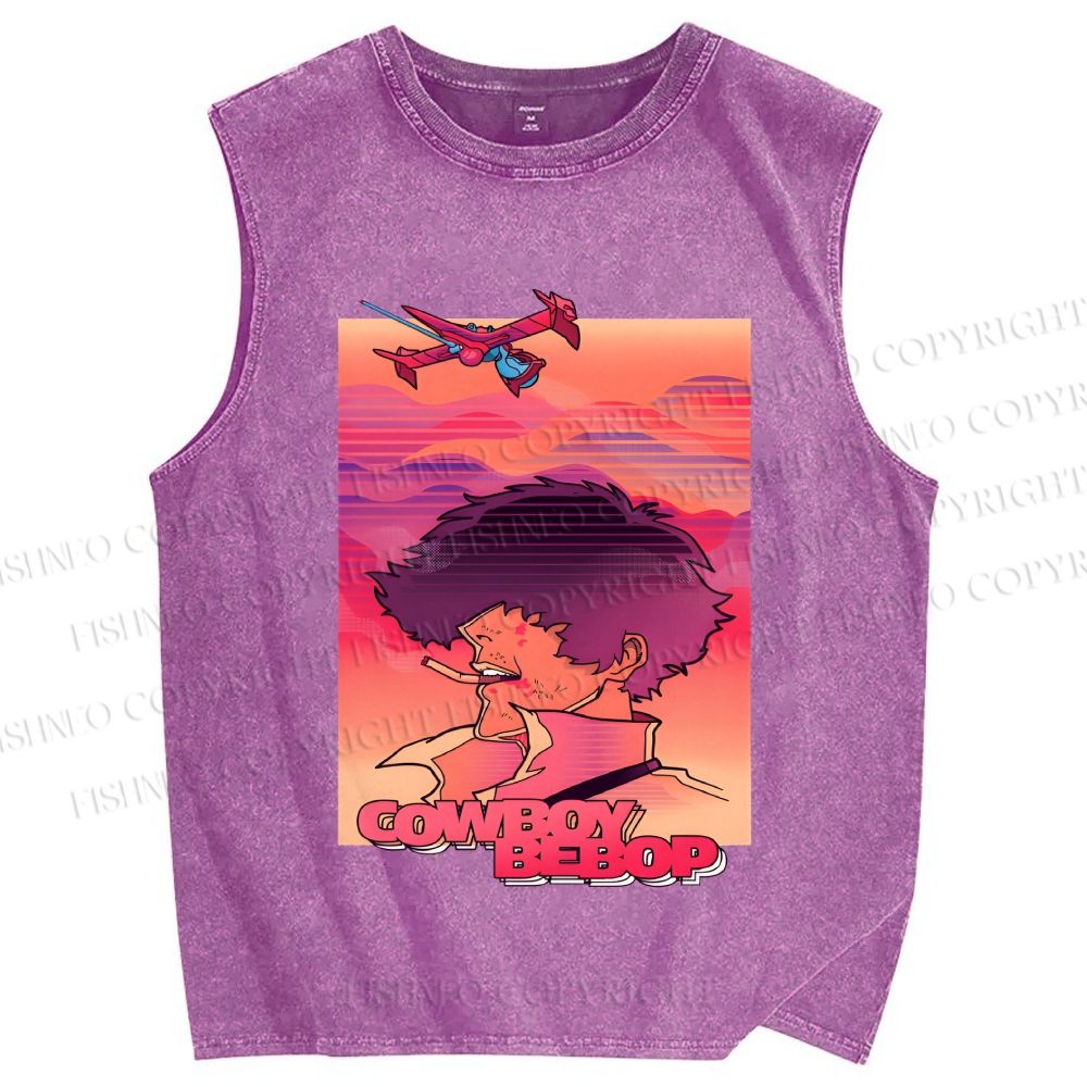 Unisex Cowboy Bebop Pink Sunset Printed Washed Tank Top