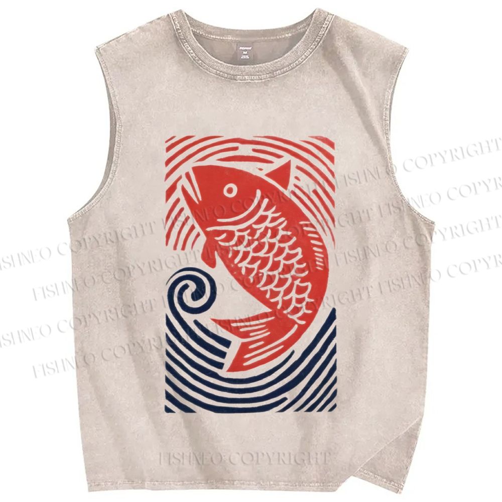 Unisex Vintage Koi Fish Printed Washed Tank Top