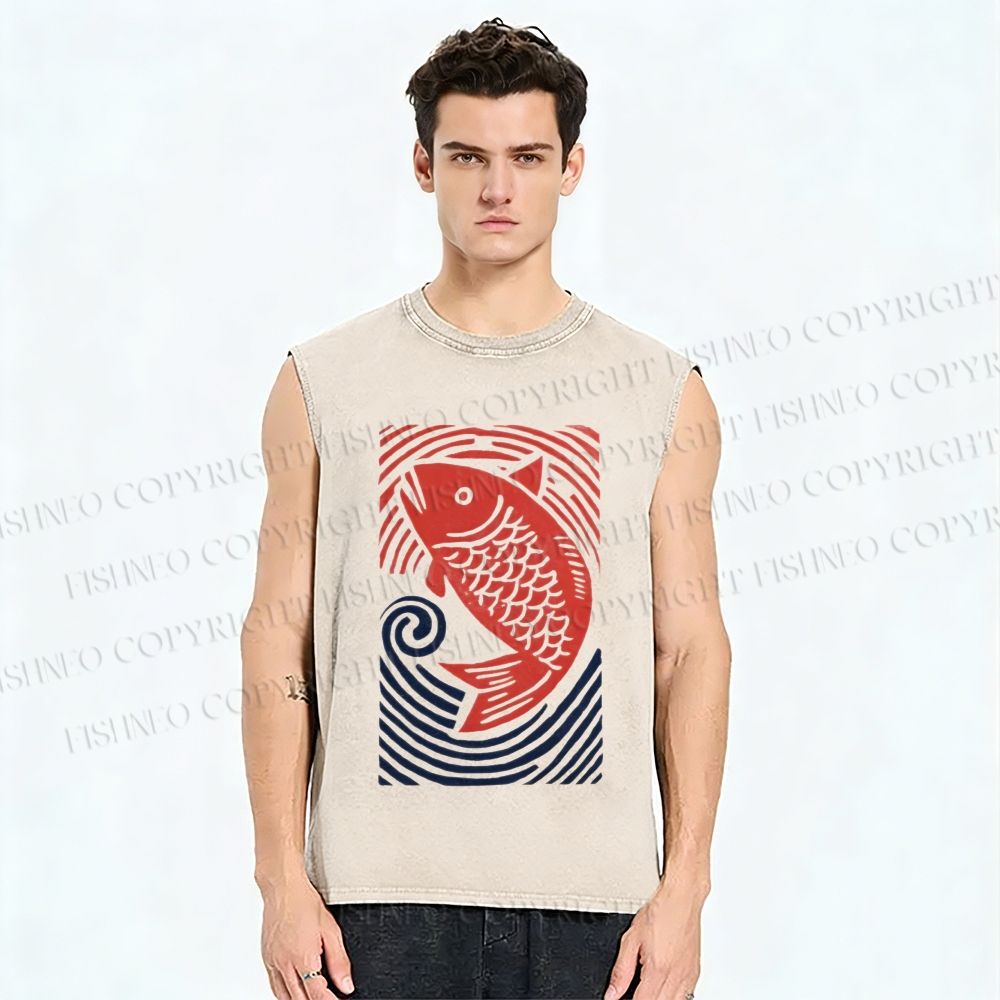 Unisex Vintage Koi Fish Printed Washed Tank Top