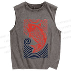 Unisex Vintage Koi Fish Printed Washed Tank Top