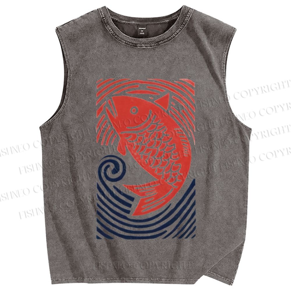 Unisex Vintage Koi Fish Printed Washed Tank Top