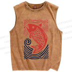 Unisex Vintage Koi Fish Printed Washed Tank Top