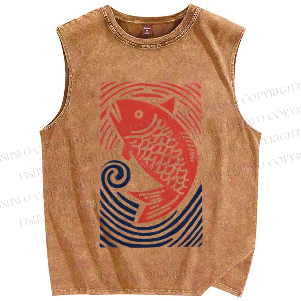 Unisex Vintage Koi Fish Printed Washed Tank Top
