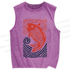 Unisex Vintage Koi Fish Printed Washed Tank Top