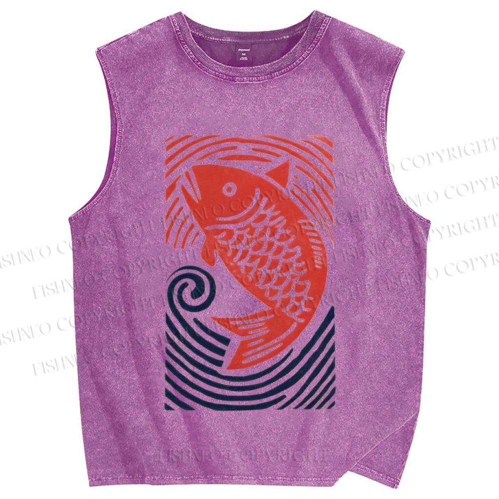 Unisex Vintage Koi Fish Printed Washed Tank Top