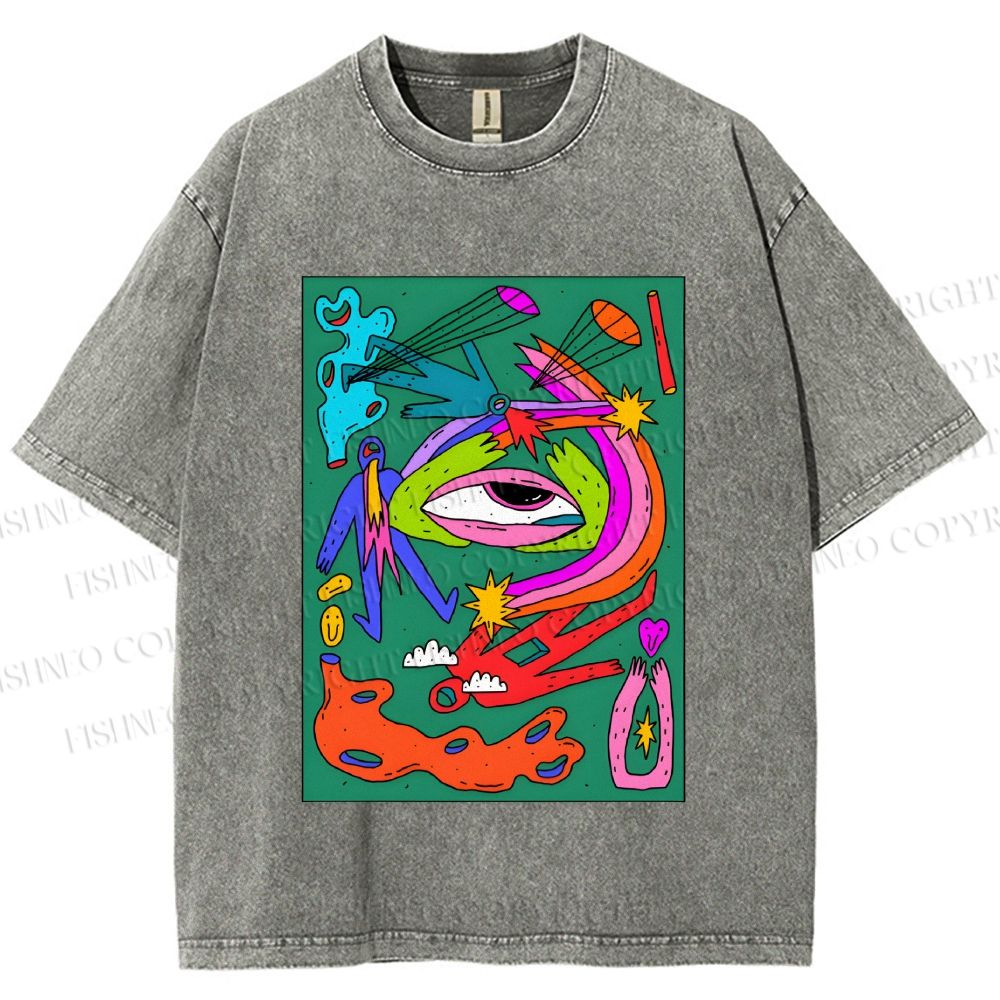 Unisex Multicolor Weird Eye Graffiti Printed Washed Tee