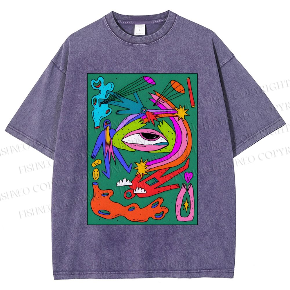 Unisex Multicolor Weird Eye Graffiti Printed Washed Tee