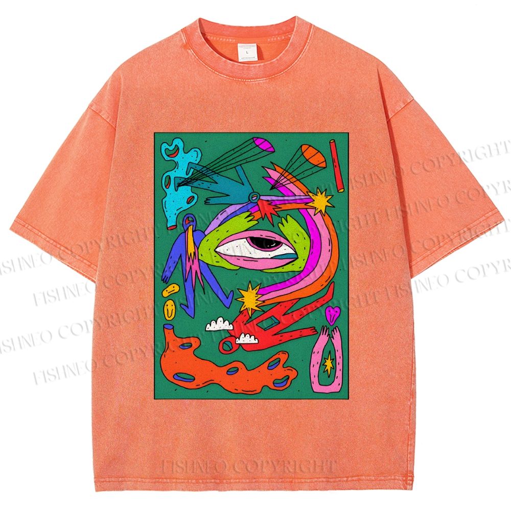 Unisex Multicolor Weird Eye Graffiti Printed Washed Tee