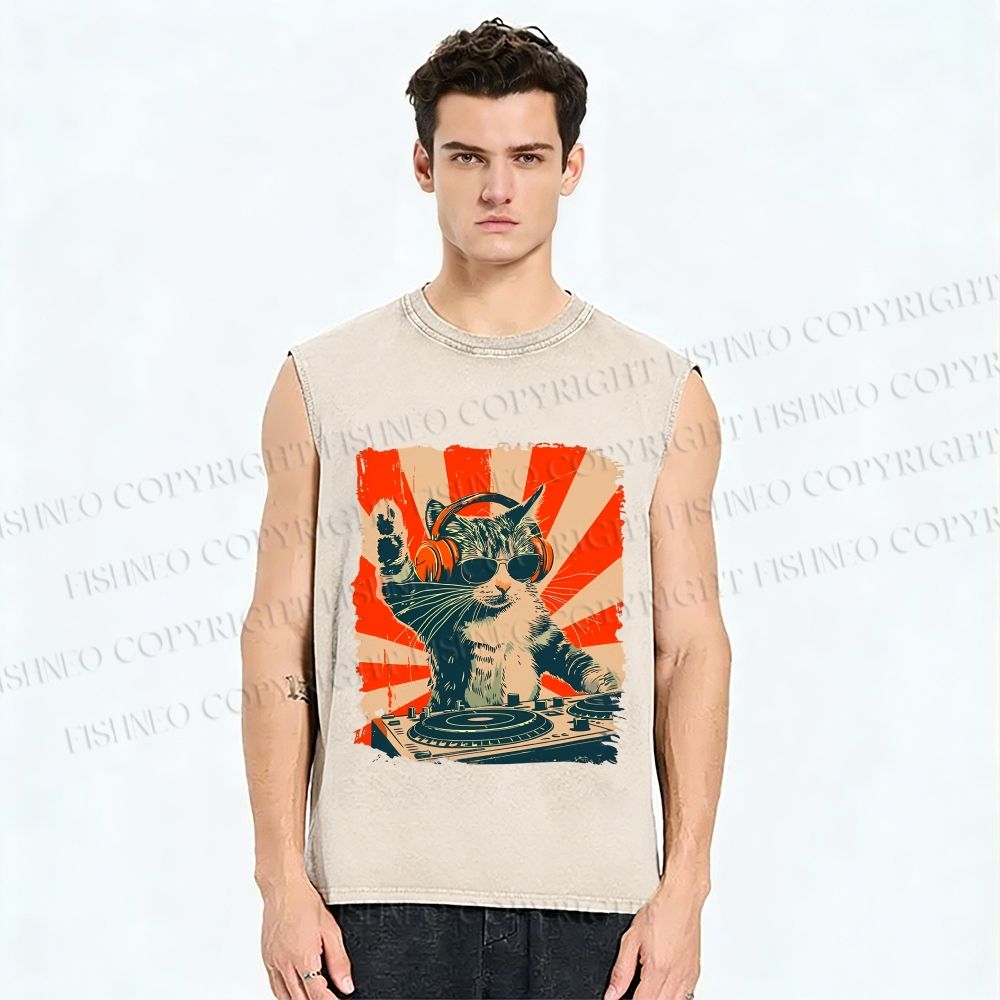 Cool Cat DJ Poster Showa Retro Vintage Distressed Washed Tank Top