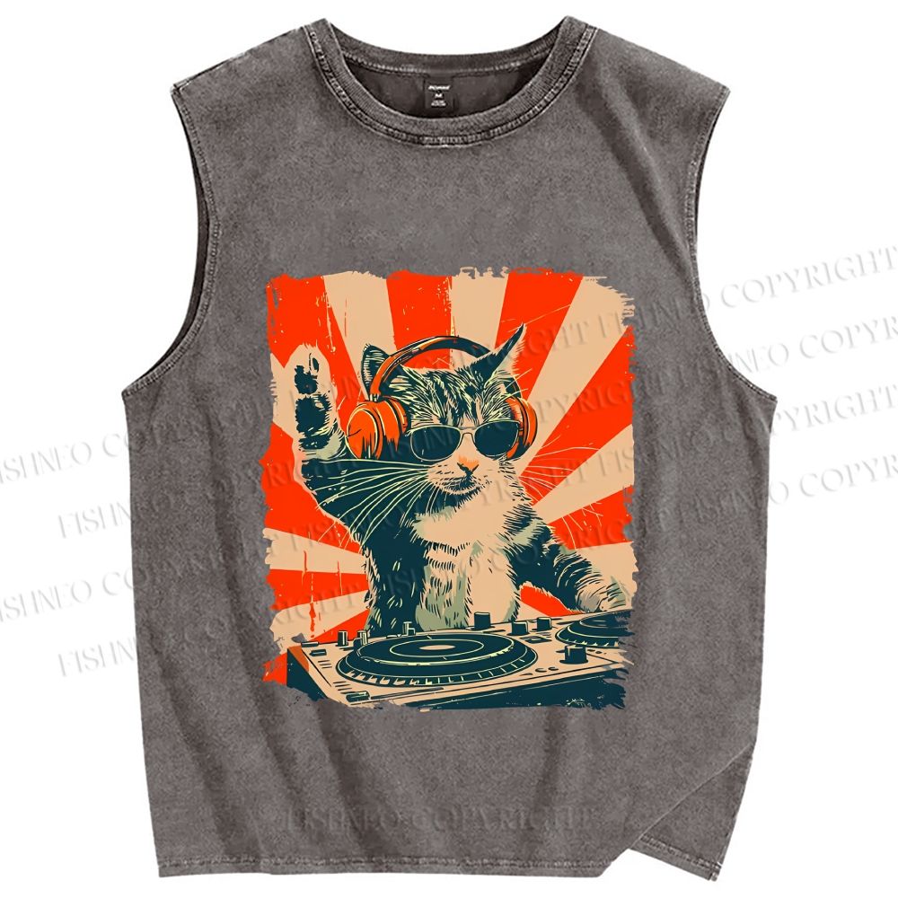 Cool Cat DJ Poster Showa Retro Vintage Distressed Washed Tank Top