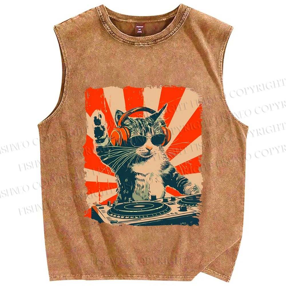 Cool Cat DJ Poster Showa Retro Vintage Distressed Washed Tank Top