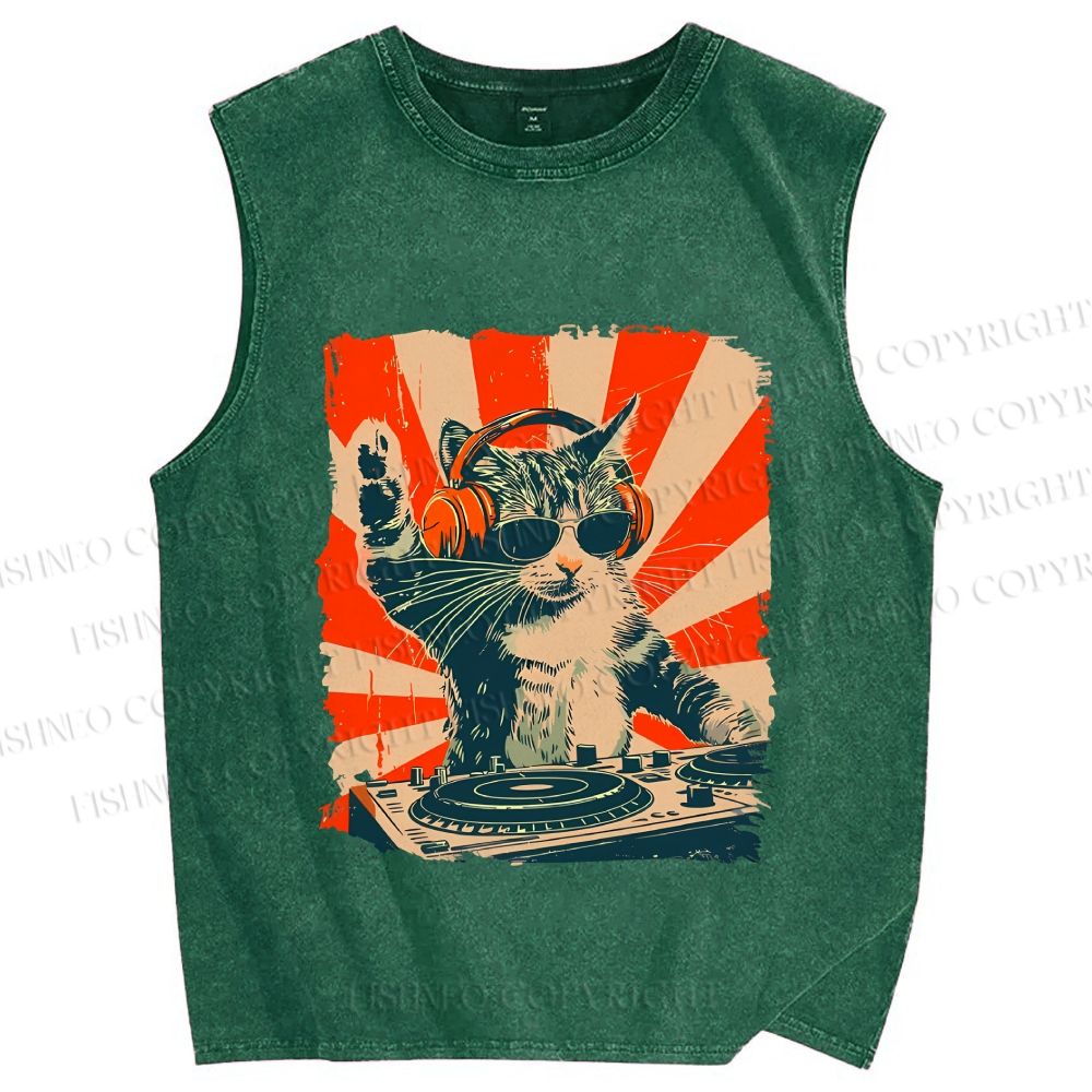 Cool Cat DJ Poster Showa Retro Vintage Distressed Washed Tank Top