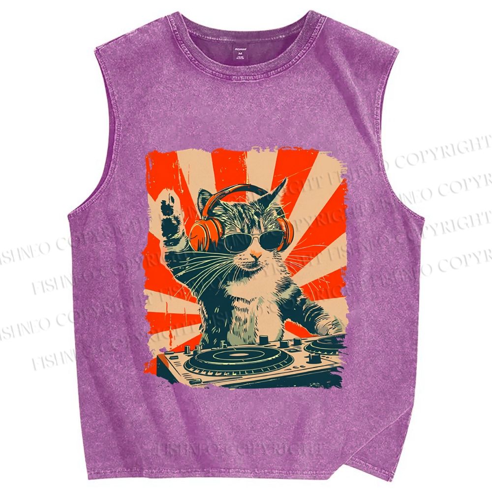 Cool Cat DJ Poster Showa Retro Vintage Distressed Washed Tank Top