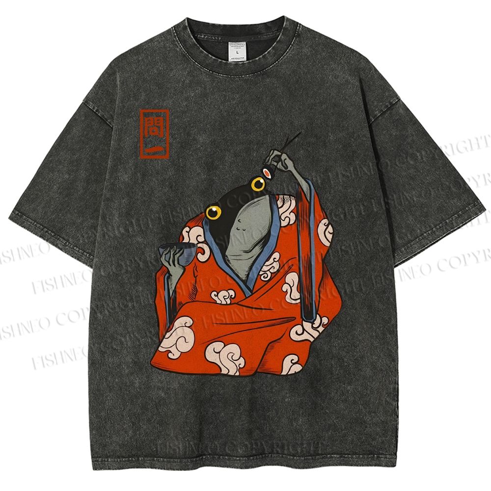 Unisex Funny Frogs Eating Sushi Matsumoto Hoji Printed Washed Tee