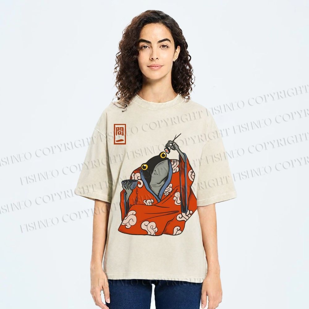 Unisex Funny Frogs Eating Sushi Matsumoto Hoji Printed Washed Tee