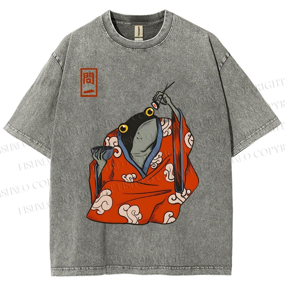 Unisex Funny Frogs Eating Sushi Matsumoto Hoji Printed Washed Tee