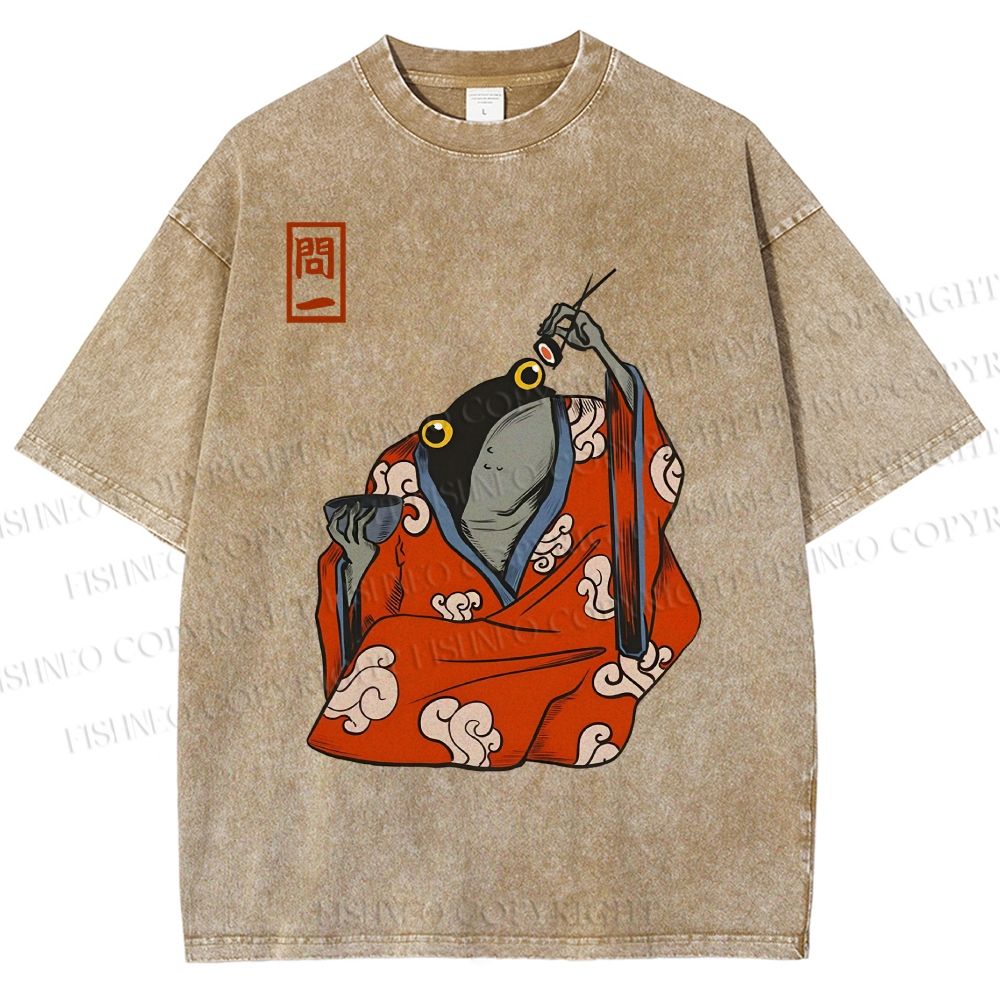 Unisex Funny Frogs Eating Sushi Matsumoto Hoji Printed Washed Tee
