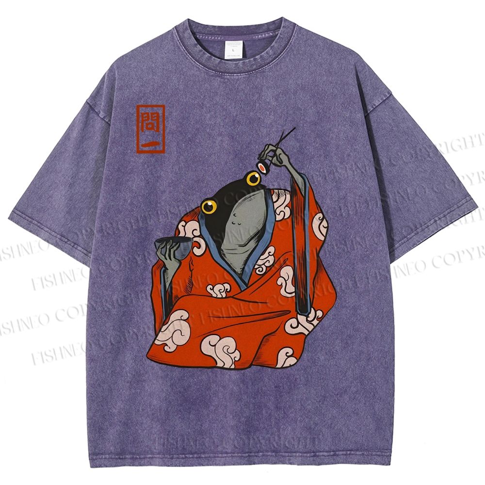 Unisex Funny Frogs Eating Sushi Matsumoto Hoji Printed Washed Tee