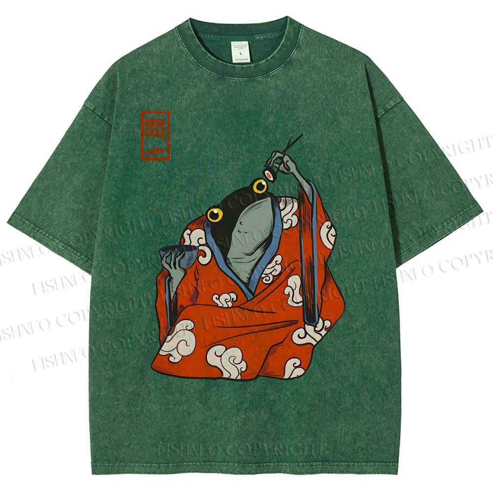 Unisex Funny Frogs Eating Sushi Matsumoto Hoji Printed Washed Tee