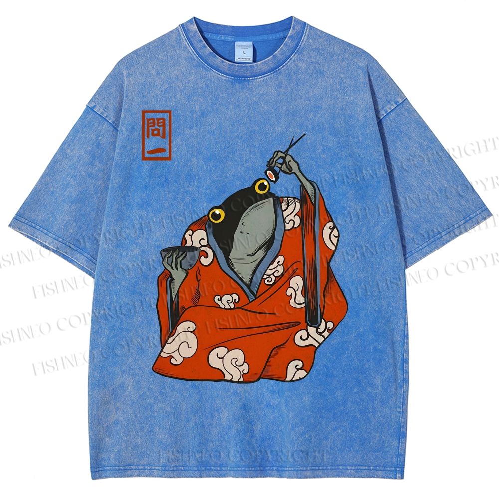 Unisex Funny Frogs Eating Sushi Matsumoto Hoji Printed Washed Tee