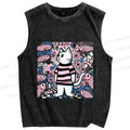 Unisex Cat Surrounded By Fish Printed Washed Tank Top