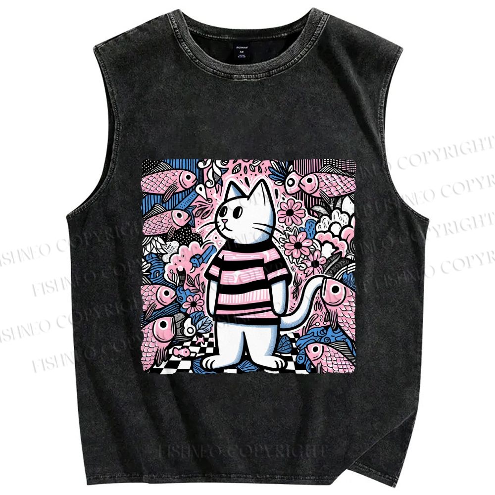 Unisex Cat Surrounded By Fish Printed Washed Tank Top