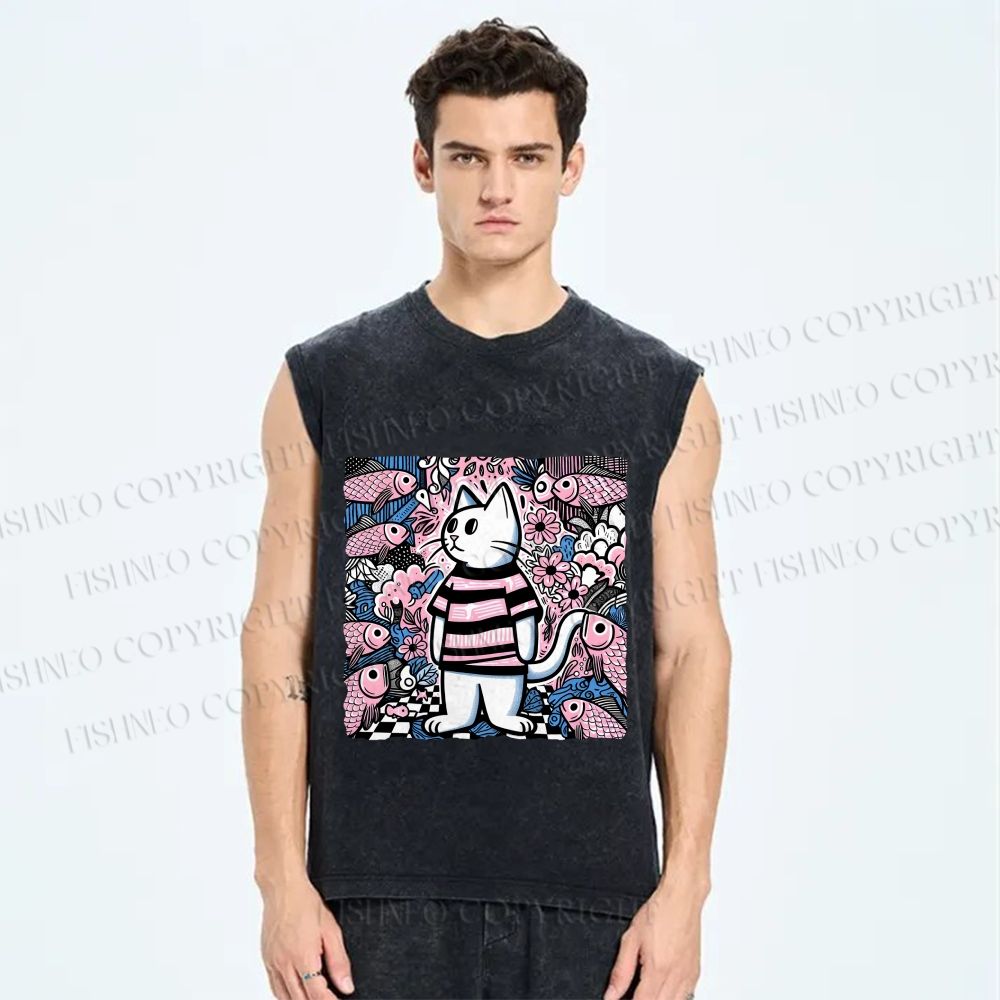 Unisex Cat Surrounded By Fish Printed Washed Tank Top